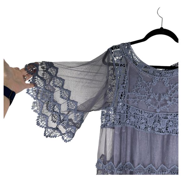 Flowy Lagenlook Tiered Lace Mesh Semi Sheer Layered Blue Blouse Size Medium - Picture 8 of 8